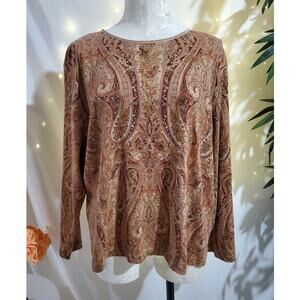 Kate Hill Woman Paisley Stripe Knit Pullover Top Size 2X 100% Cotton Neutral